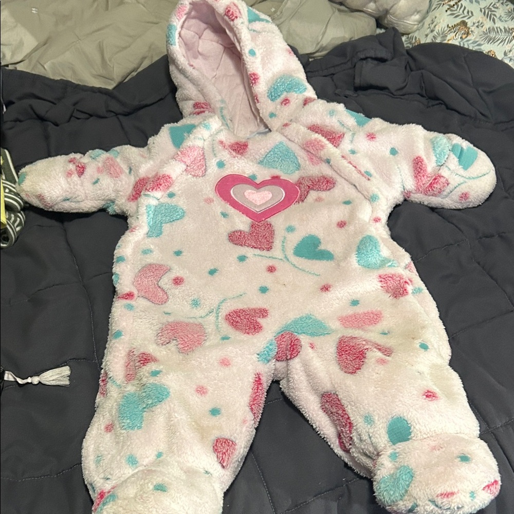 Bon Bebe Pink and Blue Heart Baby Footie Snowsuit - 6-9 months